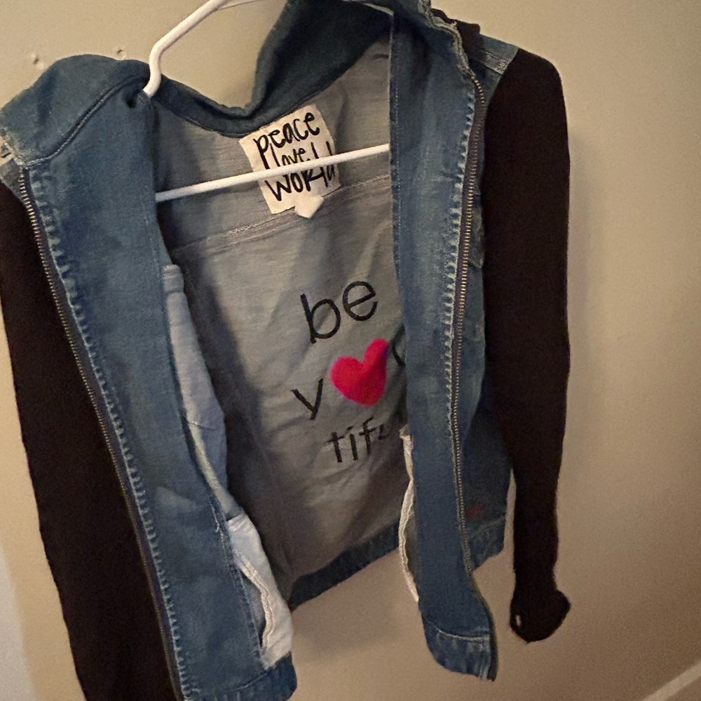Peace Love World Blue Denim Jacket with Black Sleeves